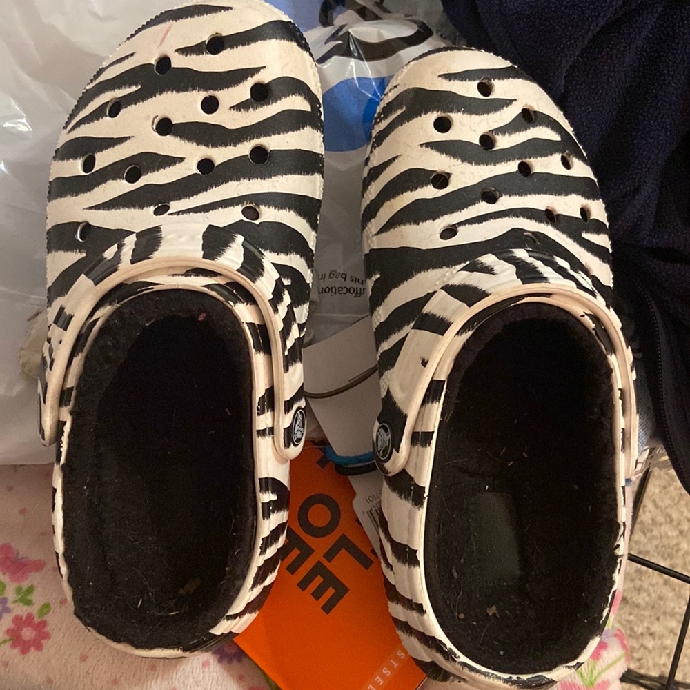 zebra print fuzzy crocs